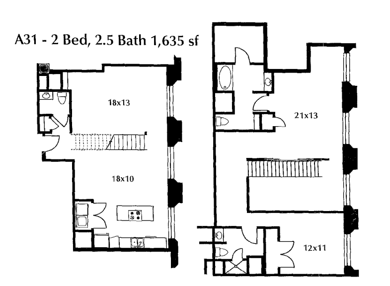 Floor plan for 2 beds, 2 baths, 1635 sqft
